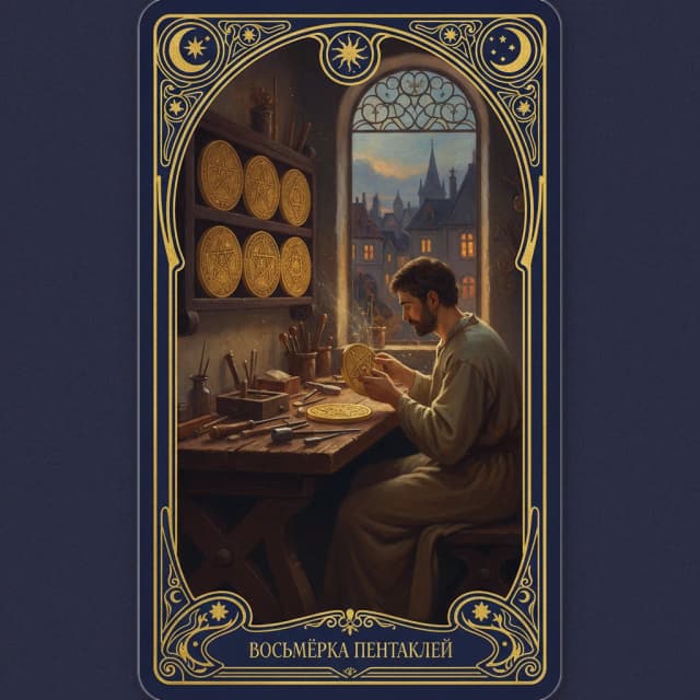 Карта таро Восьмёрка Пентакли — значение в прямом и перевёрнутом положении